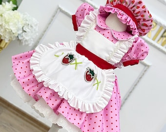 Strawberry Costume Pink Toddler Dress with Apron – Handmade Strawberry Birthday Outfit for Baby Girl