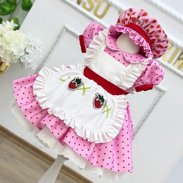 Disfraz de fresa, vestido rosa para niña con delantal – Traje de cumpleaños de fresa hecho a mano para niña