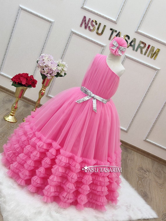 Girls Solid Embellished Dusty Pink Gown Dress, Best Quality Girls Wear,  Kids Wear, Solid Pleated Design