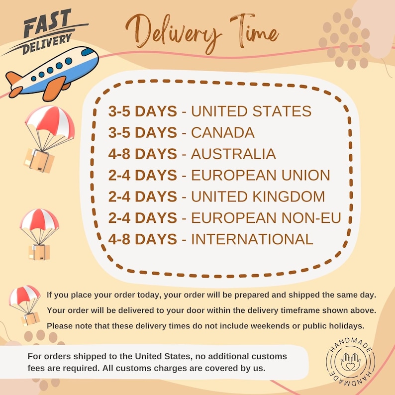 The image is a delivery time chart that provides the estimated delivery time for orders placed in different countries and regions. It includes the United States, Canada, Australia, Europe, the United Kingdom, and the European Union. The chart also includes a note that these delivery times do not include weekends or public holidays.