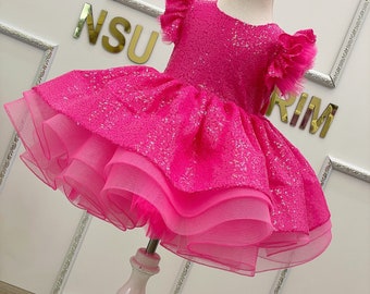 Neon fuchsia Baby girl dress. Girl party dress. Sparkle neon fuchsia . For special occasion, barbie theme dress.