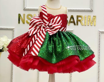 Funkelnde rot und grün ärmellose Weihnachten Baby Mädchen Kleid Weihnachten Urlaub Kleid. Schimmerndes Weihnachtliches Baby Mädchen Kleid. Noel Kinderkleid