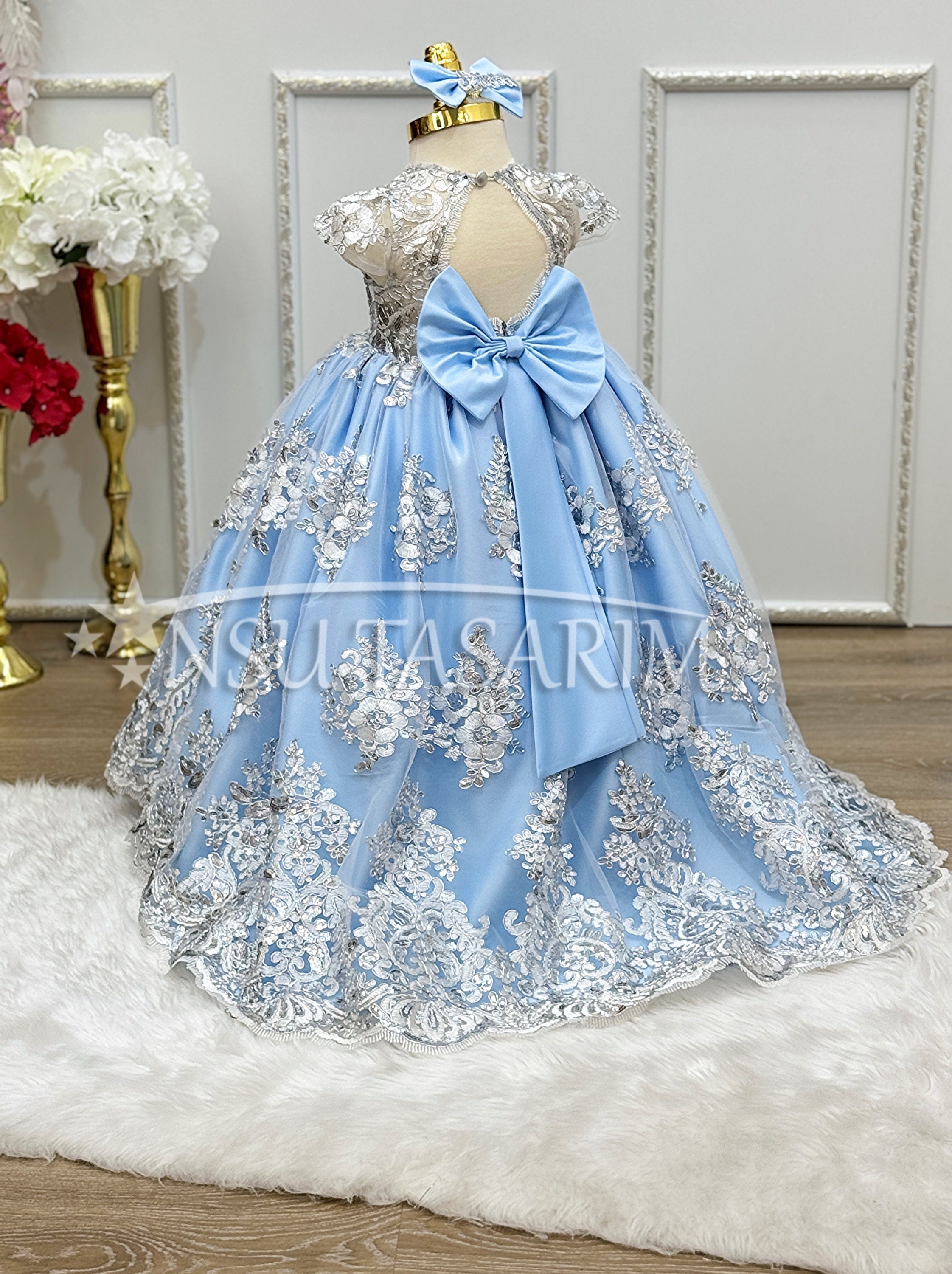 Full lenght Long tail high low, Blue Silver Princess gown, Couture gown Blue