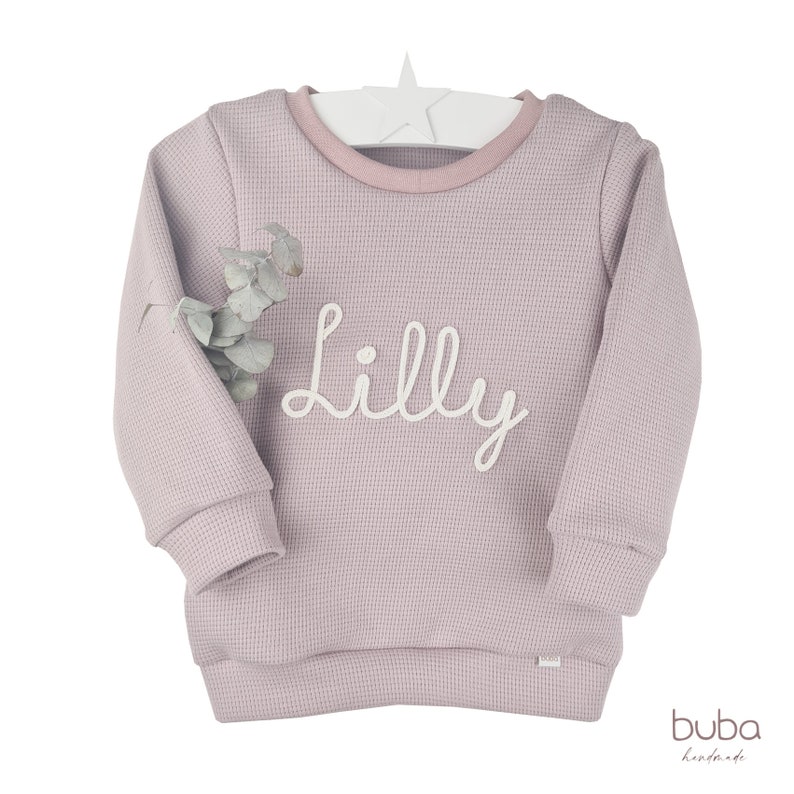 Sweater Pullover aus Waffelstruktur mit Kordelschrift Name Zahl personalisiert Altrosa