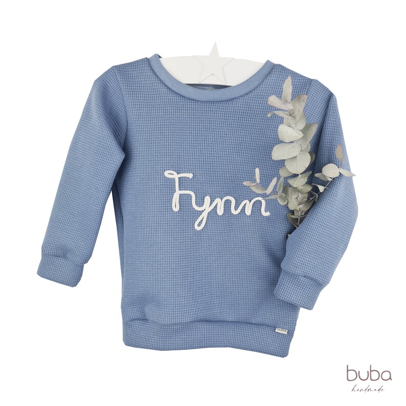 Sweater sweater made of waffle structure with cord font name number personalized Rauchblau