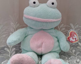 Ty Pluffies - Grins the Frog - Brinquedo de pelúcia vintage raro e colecionável, novo e descontinuado (25 cm)