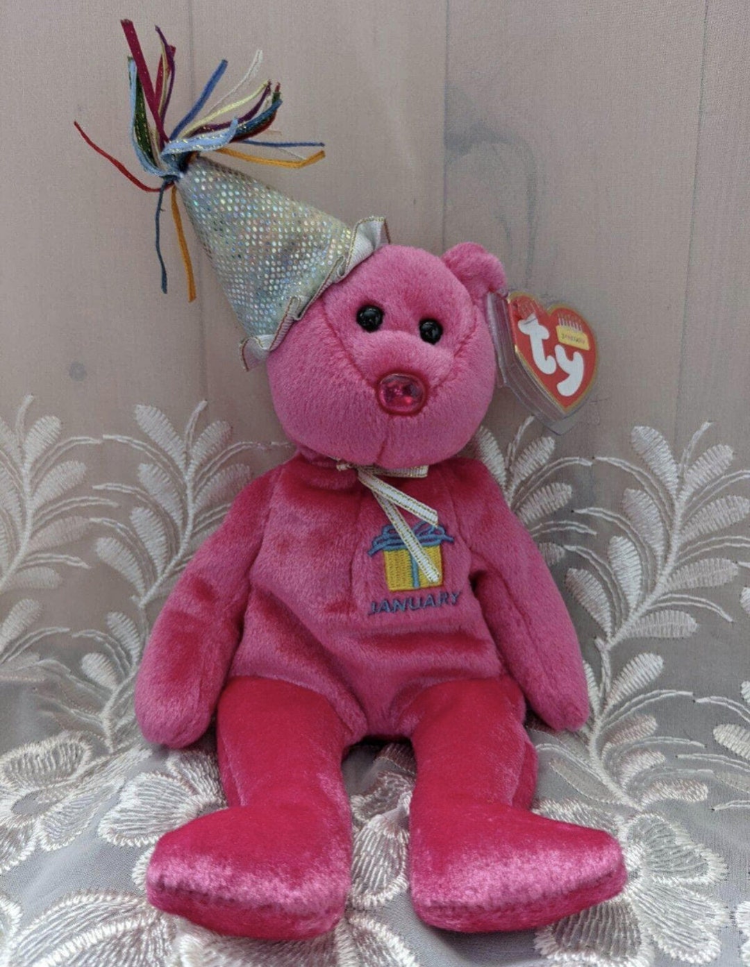 Ty Beanie Baby January the Pink Birthday Bear With Party Hat 9in Etsy