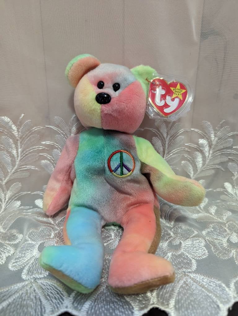 Ty Beanie Babies - Peace The Multi-colored Bear. Vintage Original Rare Unique Plush Toy (9in)