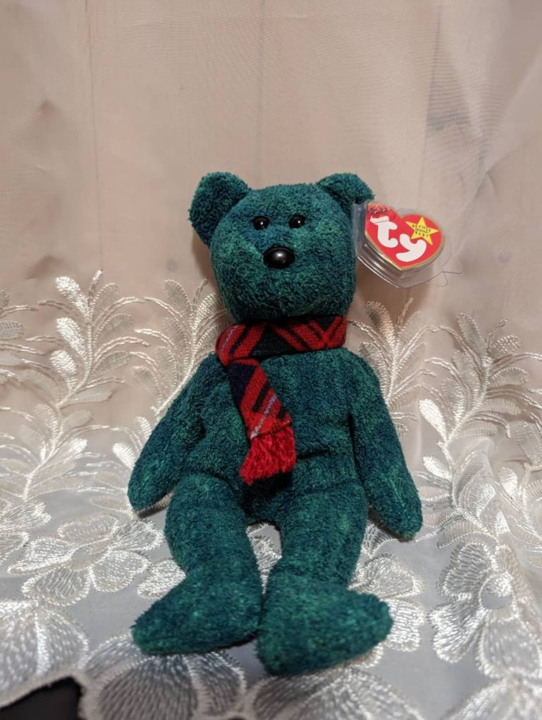 TY Beanie Babies Wallace the Green Bear With Plaid Scarf Rare