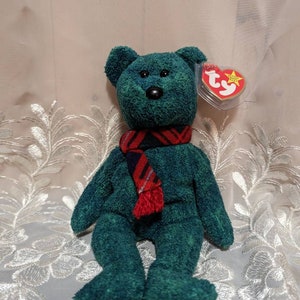 TY Beanie Babies - Wallace The Green Bear With Plaid Scarf - Rare  Plush Toy (8.5in)