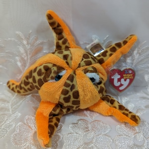 Può includere: Stella marina di peluche arancione e marrone con un'etichetta Ty Beanie Babies. La stella marina ha un design a motivi marroni e arancioni e un viso amichevole.