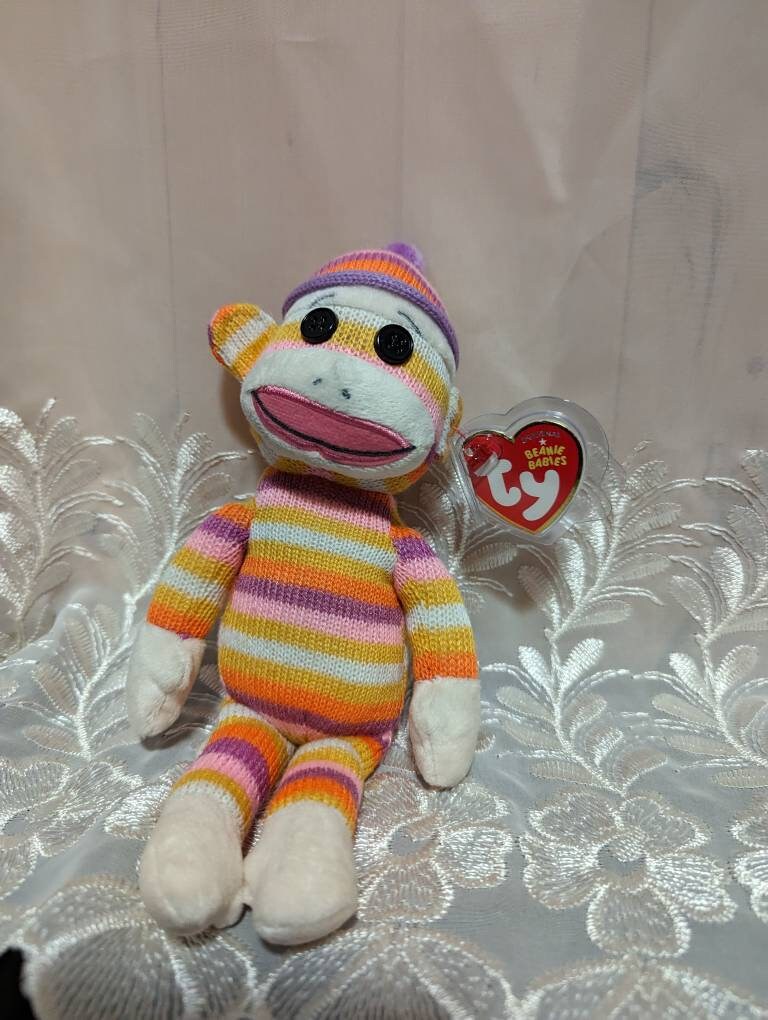 Ty Beanie Babies Sock Monkey Stripey Orange, Yellow, Pink