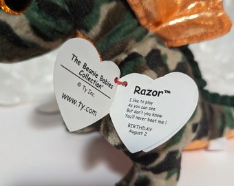 Ty Beanie Baby Razor the Green Camouflaged Dragon (6in) Rare
