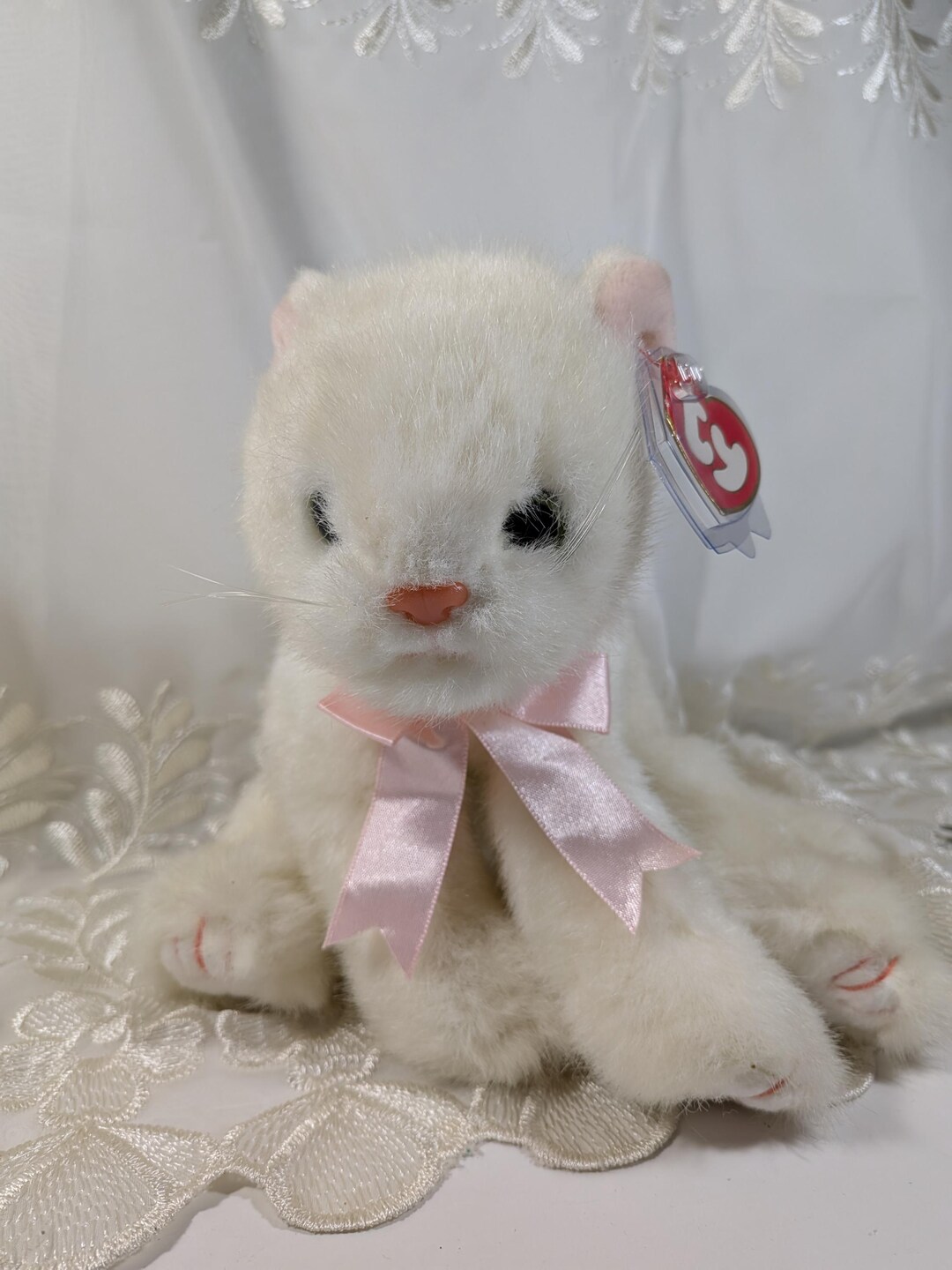 Ty Classic Collection Crystal the White Cat With Pink Bow (10in