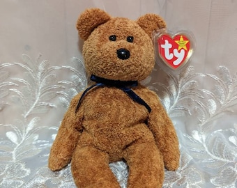 Ty Beanie Baby - Fuzz The Bear With Blue Ribbon -  Vintage Rare Plush Toy (8.5in)