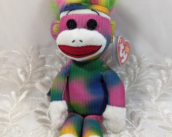 Ty Beanie Babies – Rainbow Sock Monkey – Seltenes Plüschtier (9 Zoll) Nicht neuwertiges Etikett *Gebrauchtzustand*