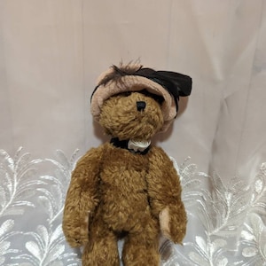 The Boyds collection - Vintage Jointed Teddy Bear With Feather Hat. (7in) And Doll Stand Included