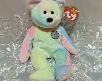 Ty Beanie Baby B.B. The Multi-colored Birthday Bear -  Vintage Rare Mint Plush Toy (8.5in)