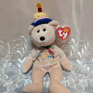 Ty Beanie Babies - Happy Birthday Der Bär mit Kuchen Auf Seinem Hut. (25cm) Mint Plüschtier