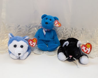 Ty Beanie babies - Zip II the cat, Nanook II The husky, Teddy II The Blue Bear - 30th Anniversary Series 4 (sold as set)