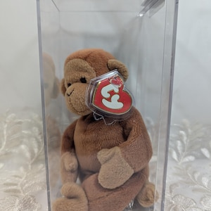 May include: A brown beanie baby monkey sitting in a clear plastic display case. The monkey has a red Ty tag with a white "Ty" logo.
