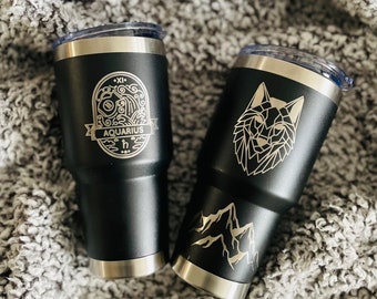 Zodiac symbol Tumbler with straws, Engraved Zodiac Travel Mug, Personalized Stainless Steel Tumbler, Engraved Large 30 oz cup