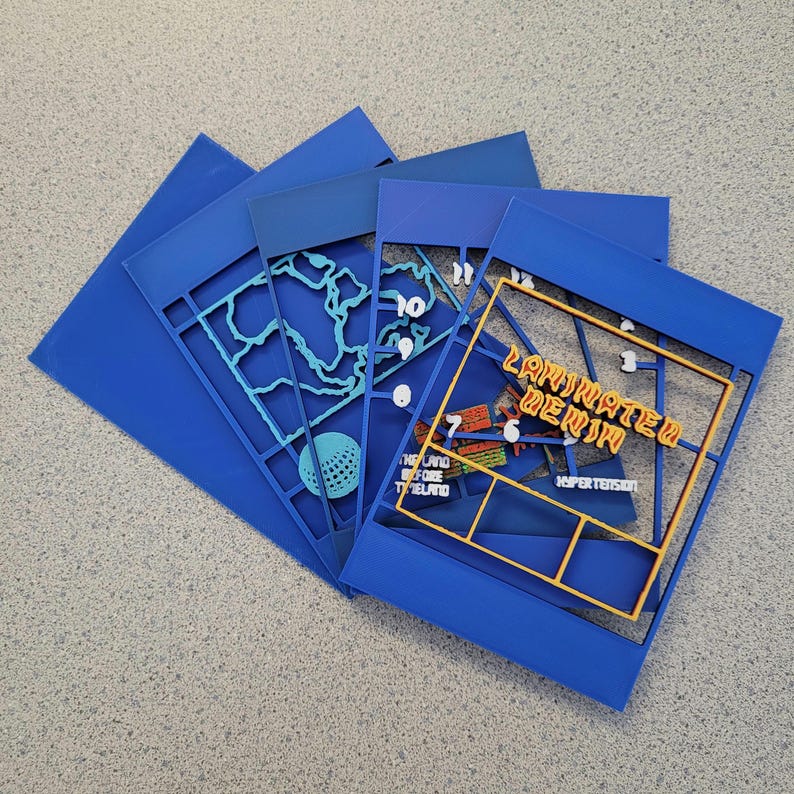 May include: Blue cardstock cutouts with a grid pattern and the words "Laminated Denim" and "Hyper Tension".