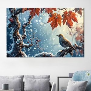 Vogel Wandkunst, Tierposter, personalisierte Geschenkbox, Wassertropfen 3D Leinwand, Vogel auf Ast Poster, große Leinwandkunst,