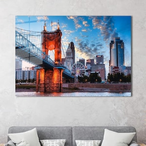 Cincinnati Bridge Tempered Glass Wall Art: City Landscape Decor