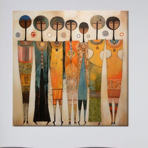 Tribal Woman Canvas Wall Art, Colorful Abstract Ethnic Figures Painting on Cotton Canvas, Modern Afro Folk Decor for Cultural Interiors