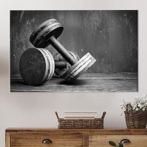Gym Dumbbell Canvas Wall Art, Black and White Fitness Photography Print on Cotton Canvas, Industrial Workout Decor for Home or Gym