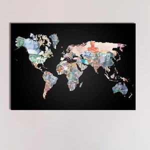 Büro Glaswandkunst, Landkarte Wanddekoration, Geld Weltkarte Glasdekor, große Wandkunst, schwarze Glaswandkunst, personalisiertes Hochzeitsgeschenk,