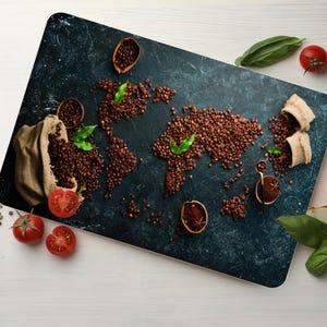 Tábua de servir café, Tábua de corte moderna, Tábua de servir cozinha, Tábua de cortar mapa-múndi de café, Presente de dia das mães, Decoração personalizada,