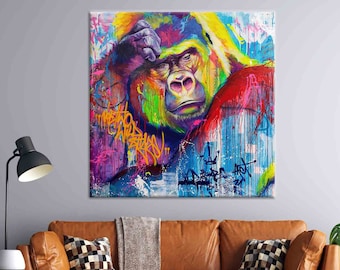 Gorilla Wall Art, Gorilla Graffiti Print, Colorful Monkey Canvas, Monkey Wall Art, Chimp Wall Art, Chimp Poster, Animal Wall Art,