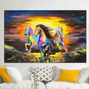 Caballos corriendo al atardecer, pintura de caballos, impresión de pintura al óleo, arte de pared de caballos, póster de caballos, arte de pared de caballos, decoración de caballos, arte de pared al atardecer,