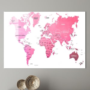Różowa szklana sztuka na mapie świata, Różowa szklana sztuka ścienna, Dekoracja ścienna do biura, Mapa ścienna, Duża sztuka dekoracyjna, Sztuka ścienna, Nowoczesna dekoracja ścienna,