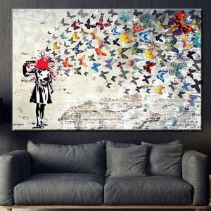 Graffiti Girl Butterfly Canvas - Urban Street Art Wall Decor | Moderne Abstrakte Leinwand für Wohnzimmer
