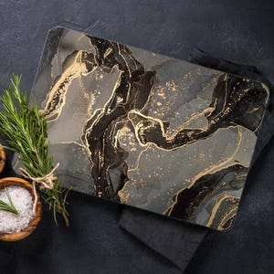 Black Chopping Board, Modern Cutting Board, Marble Print Chopping Board, Black Gold Marble Serving Board, Tempered Glass Chopping Board,