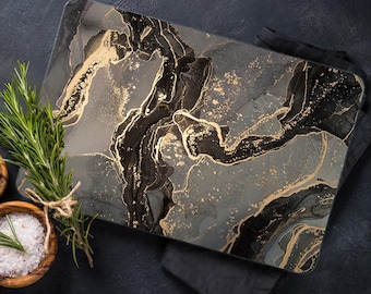 Tabla de cortar de vidrio templado con estampado de mármol negro y dorado