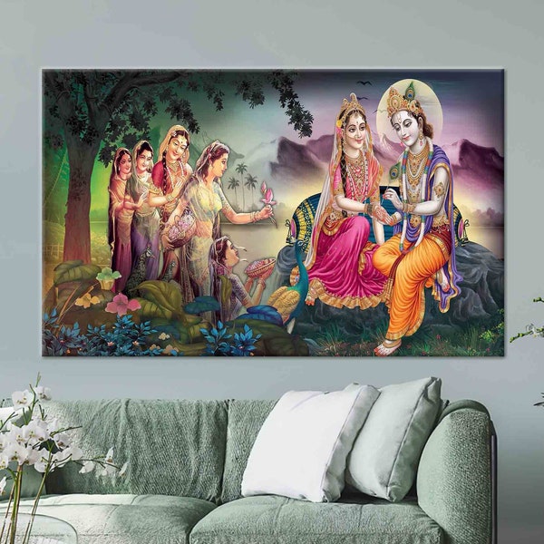 Radha Krishna Painting, Lord Krishna and Radha Painting, India Traditional Art, Indian Wall Art, Modern Wall Art, Colorful Painting,