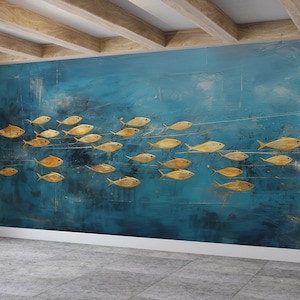 Adesivi murali blu, adesivi murali pesce dorato, adesivi murali animali, adesivi murali murali, carta da parati pesce, decorazioni murali rimovibili, arte della carta 3D,