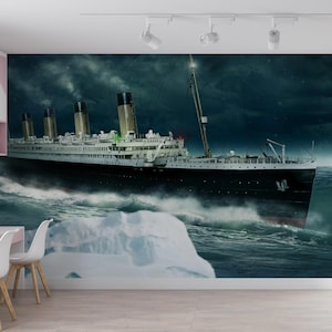 Decorazione murale costiera, origami 3D, carta da parati con navi, carta digitale paesaggistica, murale del Titanic, carta da parati in vinile, arte del taglio della carta,