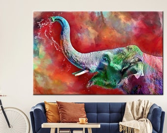 Elefante colorido, lienzo de elefante, arte de pared de elefante, pintura de elefante, decoración de pared de elefante, póster de elefante, arte de pared de animales,