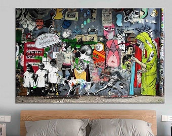 Banksy Style Graffiti Canvas Art: Street Scene Wall Decor