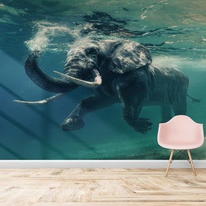 Carta da parati con elefante, pittura murale con animali, poster da parete subacqueo, arte murale di carta, carta da parati con elefante che nuota, regalo per lui,