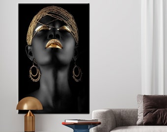 Gold Lips Black Woman Canvas Art: Modern African Wall Decor