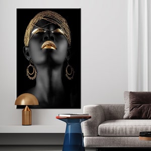 Gold Lips Black Woman Canvas Art: Modern African Wall Decor