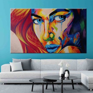 Retrato de rostro de mujer, retrato abstracto de mujer, arte de pared de mujer, lienzo de mujer, arte de pared de mujer, póster de mujer, arte de pared colorido, lienzo abstracto