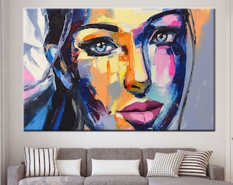 Abstract Woman Face Portrait Canvas Wall Art , Colorful Faced Woman ...