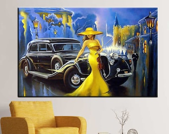 Vintage Auto mit Dame, Frau im gelben Kleid Leinwand, Oldtimer Wandkunst, Retro Auto Druck, Auto Poster, Auto Wandkunst, Oldtimer Leinwand,